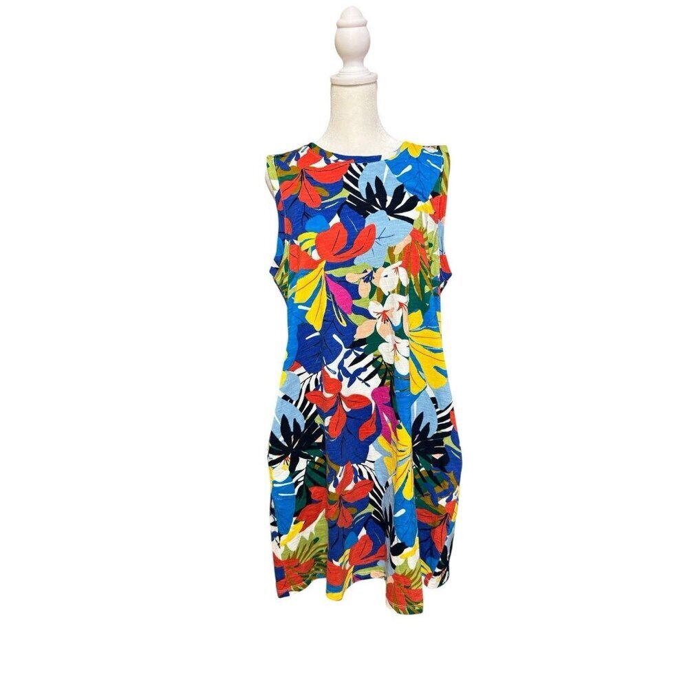 St Johns Bay Cotton Tank Dress Floral Sleeveless Pockets Summer Casual size L
